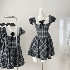 BXOXO - summer inspo Vintage Plaid Mini Dress Women Korean Style Elegant Causal Dress Fashion Splicing Design Dress 2025 Summer New