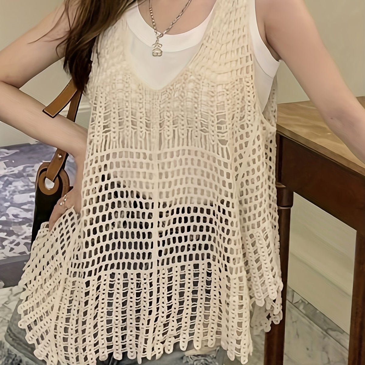 BXOXO 1pc Chic Hollow Knit V-Neck Vest Top - Summer Sleeveless Polyester Pullover with Slight Stretch, Casual Weekend Solid Color Crochet Style Tank