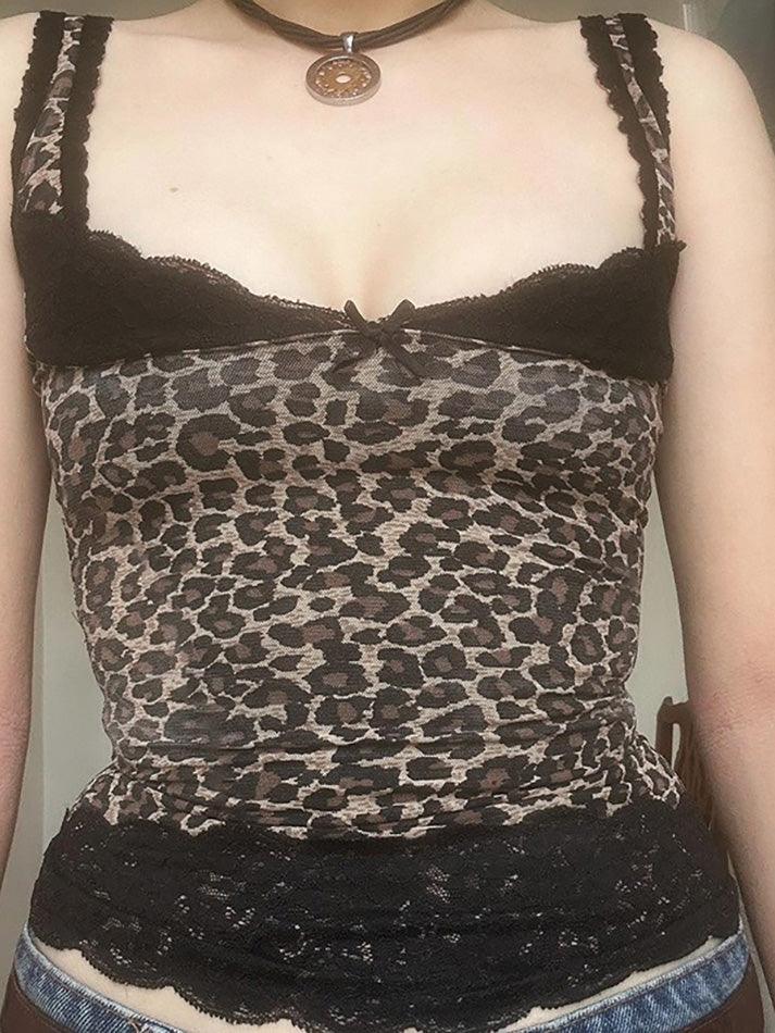 BXOXO - Leopard Print Lace Ruffle Trim Tank Top