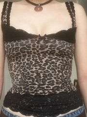 BXOXO - Leopard Print Lace Ruffle Trim Tank Top