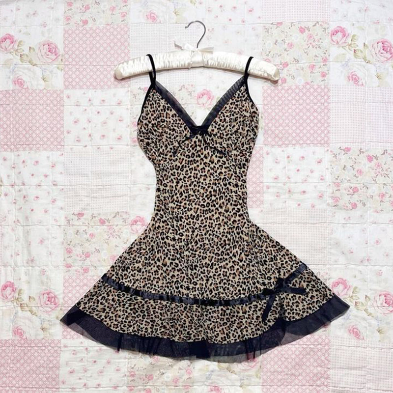 Bxoxo Women's dress pink leopard print fashion streetwear retro aesthetic Y2k cute bow casual hip hop emo girl punk sweet v-neck dress