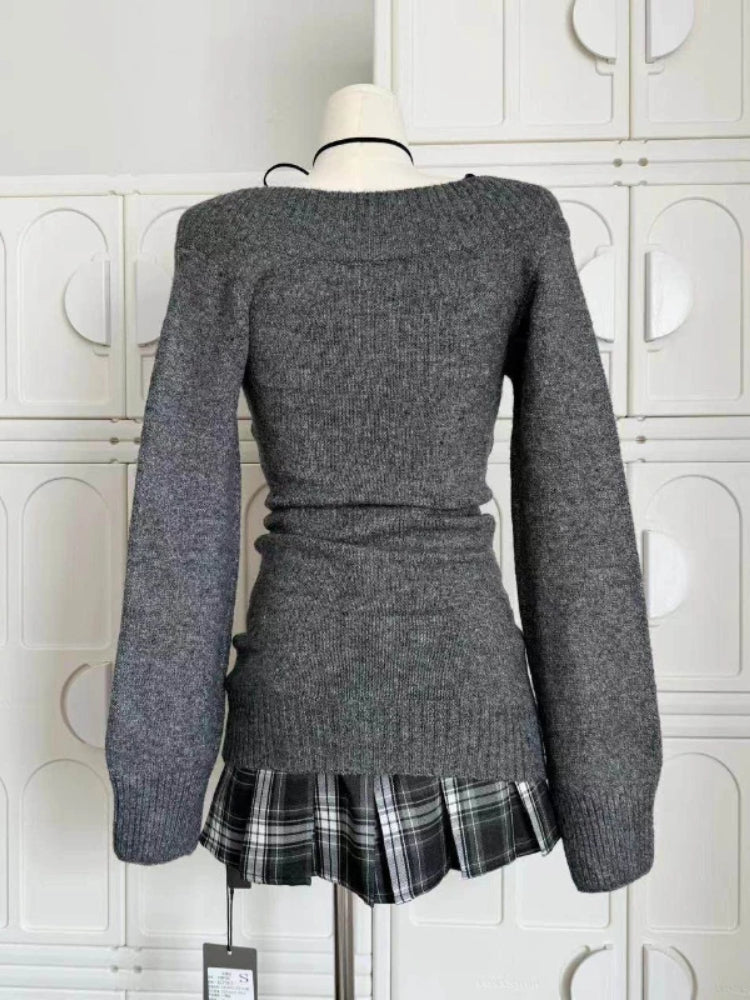 BXOXO Vintage V-neck Woman Sweater Sexy Coquette Gray Long Sleeve Knitwears Pullovers Preppy Style 2000s Aesthetic Sweaters