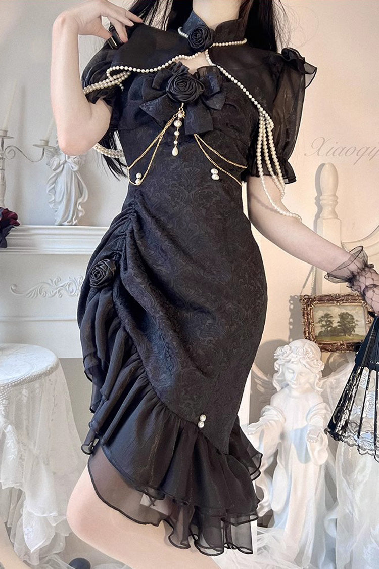 BXOXO Camellia Rose Ruffle Asymmetric Gothic Chinese Style Elegant Lolita Jsk Dress 3 Colors