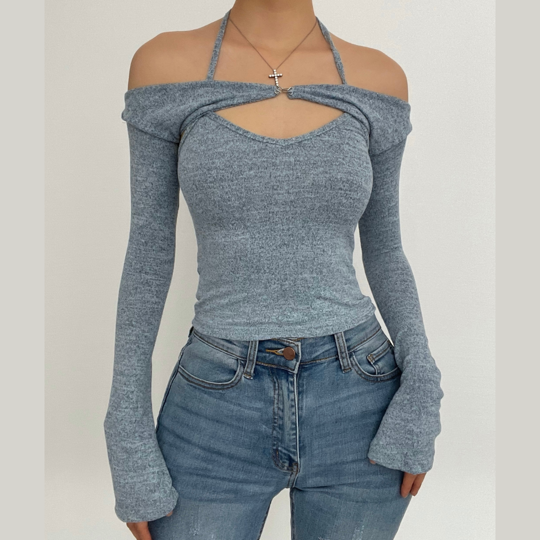 Long Sleeve off Shoulder Knitted 2 Piece Top