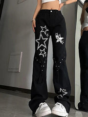 Star Print High Waist Flared Boyfriend Jeans