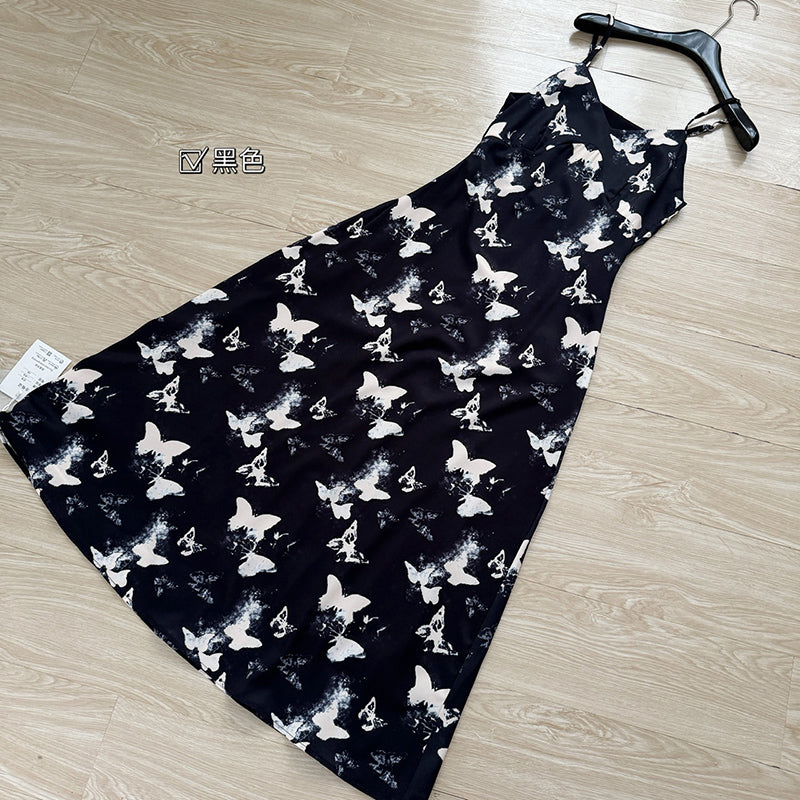 BXOXO - summer inspo Women Sexy Butterfly Print Backless Suspender Slim Long Dress Summer Casual Sleeveless Dresses Beach Robe