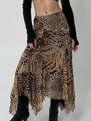 BXOXO - Vintage Leopard Print Asymmetrical Hem Midi Skirt