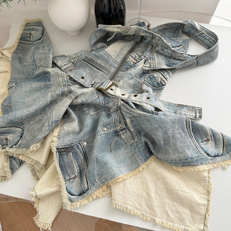 BXOXO - summer inspo Spicy Girl Halter Neck Denim Dress For Women's Summer Retro Streetwear Sleeveless Irregular Short Dress Fashion Female Clothes