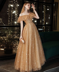 BXOXO DRESS TO IMPRESS Gold A line Long Prom Dresses, Shiny Off Shoulder Gold Formal Graduation Dress