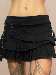 BXOXO - summer inspo Punk Gothic Black Eyelet Ribbon Denim Skirt Women Low Waist Asymmetrical Tiered Pleated Short Jean Skirts Y2K