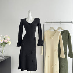 BXOXO - summer inspo Autumn and Winter Knitted Long Dress Women Fashion Retro Three-dimensional Flower V-neck Knitted Fishtail Dress Casual Versatile
