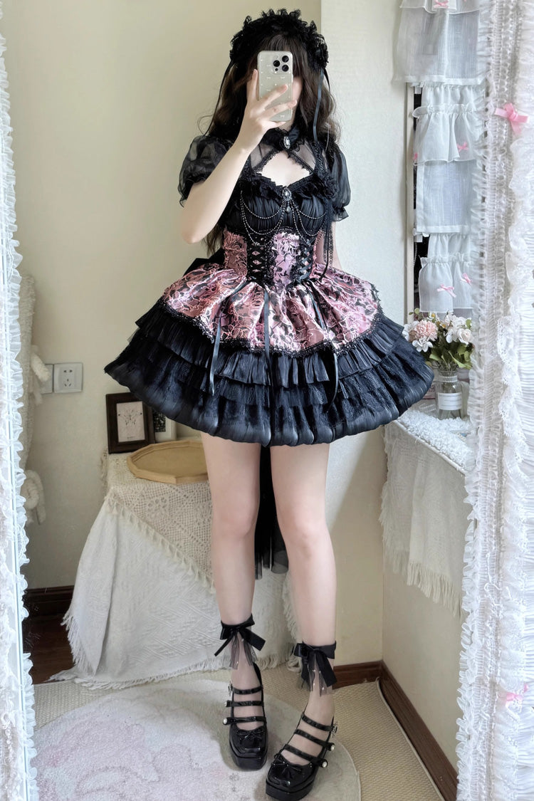 BXOXO - Black/Pink Ancient Dream of the Dark Night Print Ruffle Gothic Lolita Jsk Dress