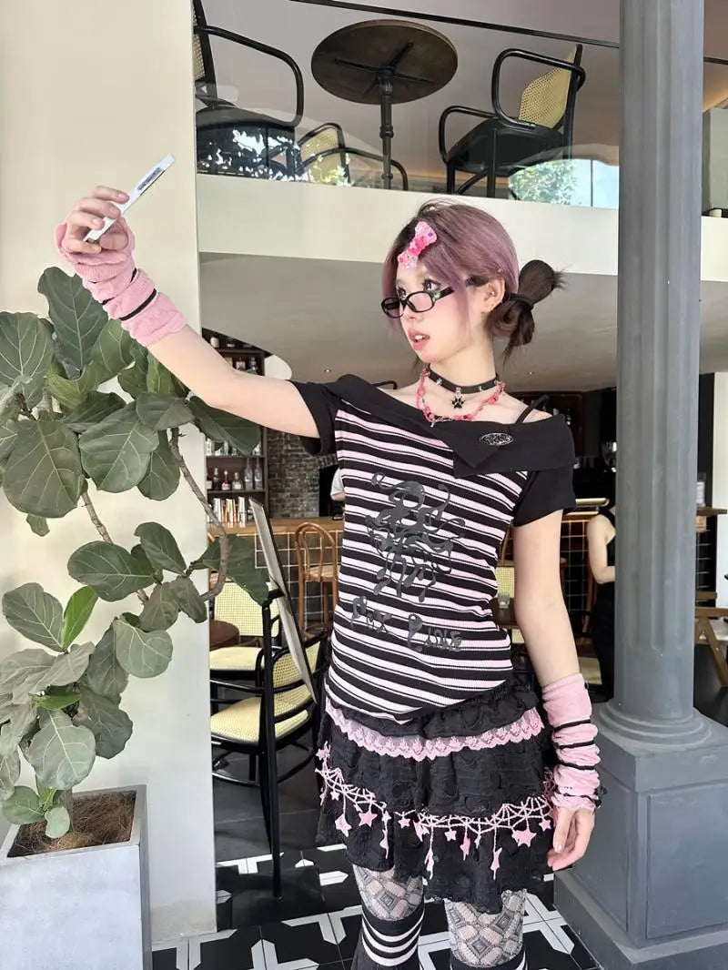 BXOXO Y2k Punk Sexy Women Clothing Gothic Stripe Streetwear Pink One shoulder Kawaii Skulls Aesthetic T Shirts 2000s Grunge Crop Top