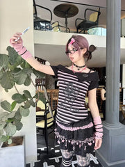 BXOXO Y2k Punk Sexy Women Clothing Gothic Stripe Streetwear Pink One shoulder Kawaii Skulls Aesthetic T Shirts 2000s Grunge Crop Top