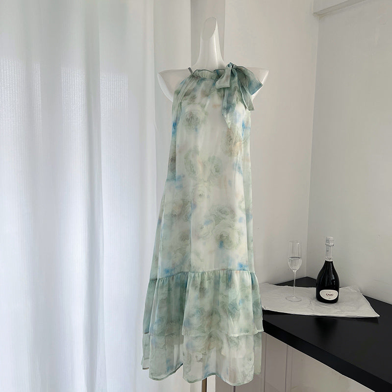 BXOXO - summer inspo Sweet Style Halter Dress Women Backless Sexy Elegant Party Midi Dresses Floral  Retro Fairy Dress Print Dress