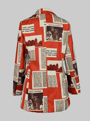 BXOXO Long Sleeves Loose Buttoned Newspaper Print Pockets Split-Joint Notched Collar Blazer Outerwear