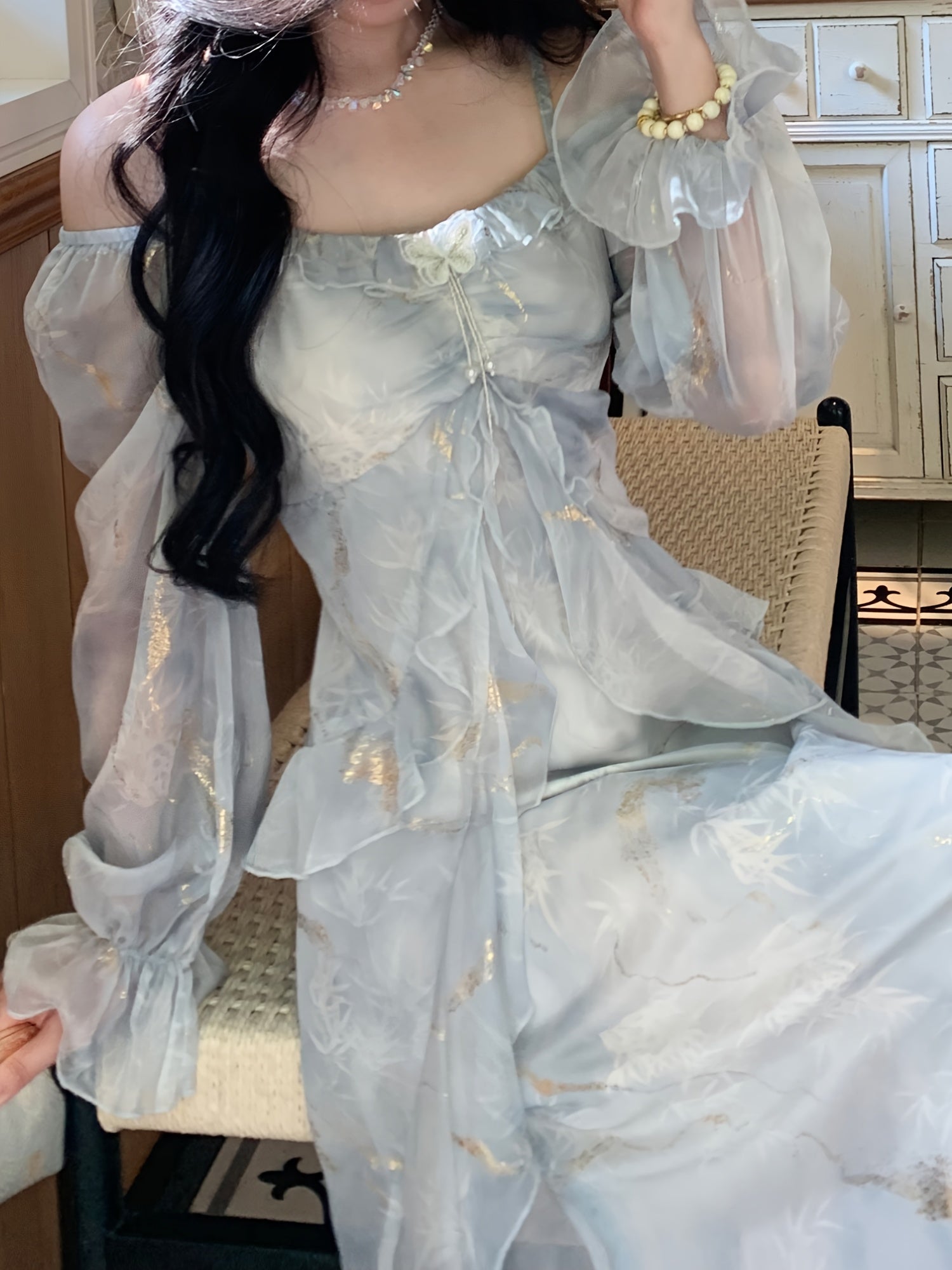 BXOXO Lavender Blue Ombre Dress - Elegant Floral Print, Long Sleeve, Off-Shoulder, A-Line Silhouette, Ruffle Detail, Polyester, Perfect for Spring & Summer