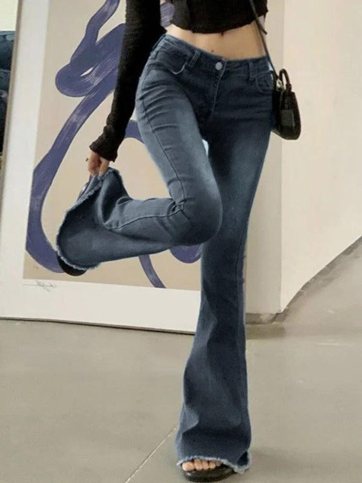 Washed Stretch Low Waist Flare Jeans