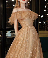 BXOXO DRESS TO IMPRESS Gold A line Long Prom Dresses, Shiny Off Shoulder Gold Formal Graduation Dress