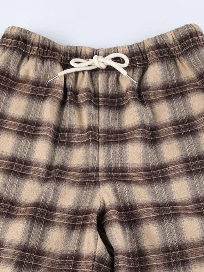 Vintage Plaid Print Drawstring Straight Leg Pants