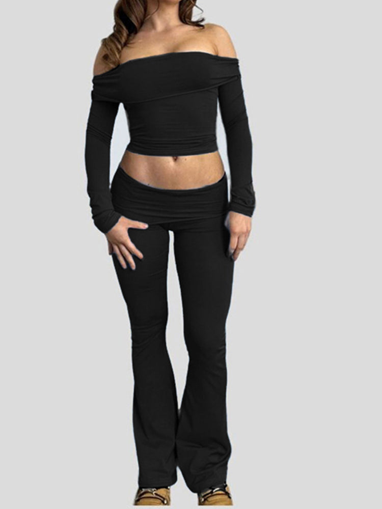 BXOXO - summer inspo Women Solid Skinny Ruched Off Shoulder Long Sleeve Tee Shirt And Flared Pants 2 Pieces Sets