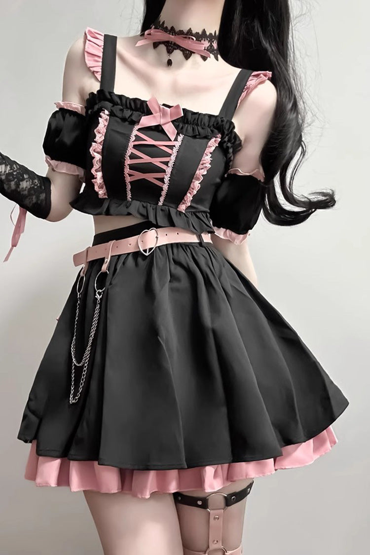 BXOXO - Black/Pink Tie Bow Gothic Sweet Lolita Strapless Skirt Dress 2 Pieces Set