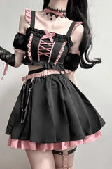 BXOXO - Black/Pink Tie Bow Gothic Sweet Lolita Strapless Skirt Dress 2 Pieces Set