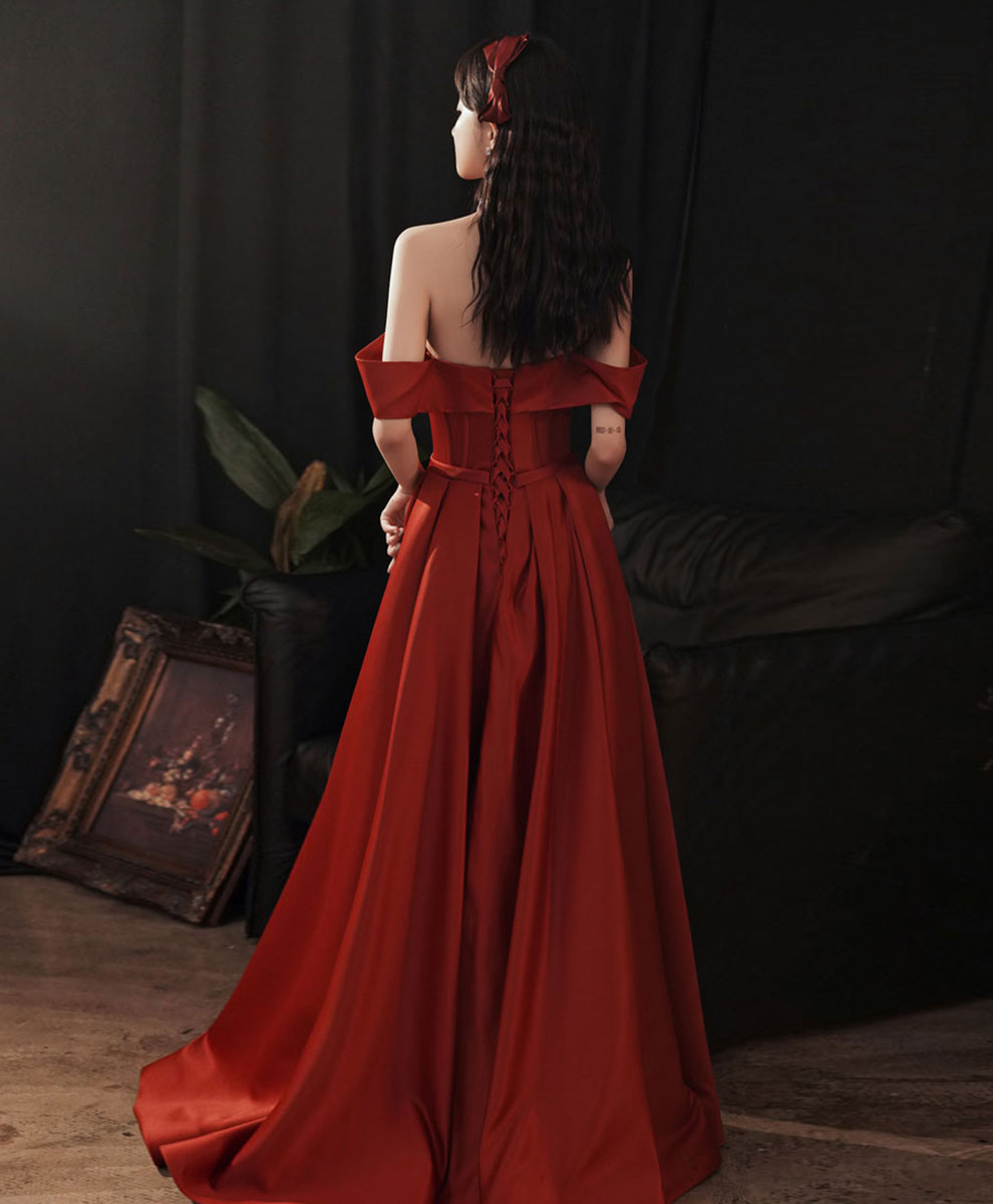 BXOXO Simple Red Satin Long Prom Dress, Burgundy Formal Graduation Dresses