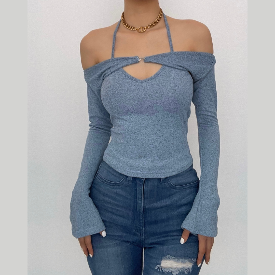 Long Sleeve off Shoulder Knitted 2 Piece Top