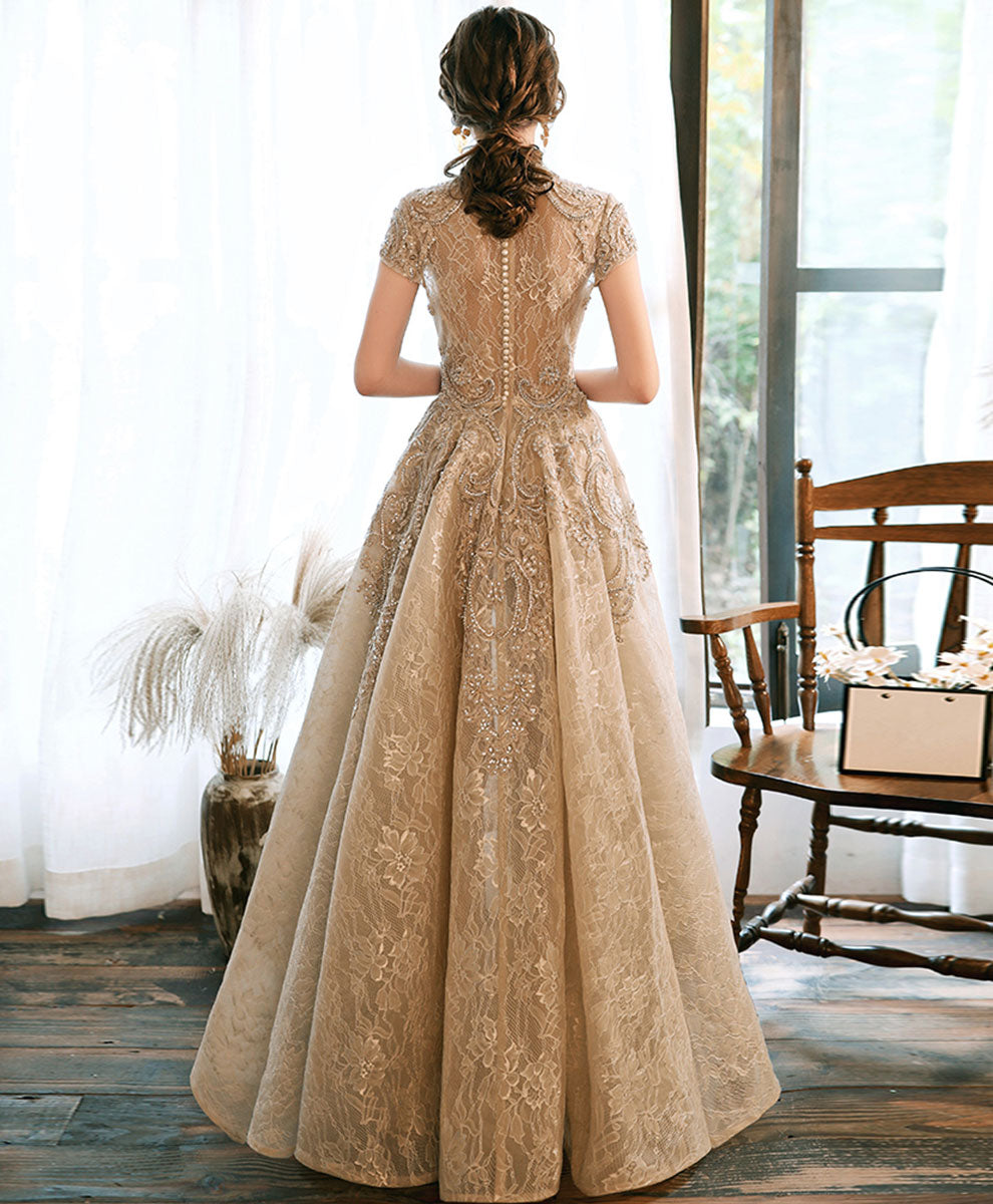 BXOXO Champagne High Neck Lace Prom Dress, Champagne Lace Formal Dress
