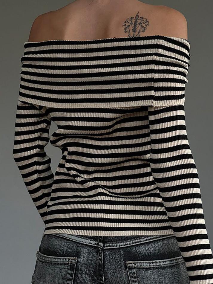 BXOXO - Off-Shoulder Asymmetrical Striped Knit Top