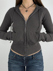 BXOXO - summer inspo Sweetown Gray Slim Zip Up Jackets Hoodies For Women Pockets Long Sleeve Ribbed Solid Simple Basic Casual Preppy Sweatshirts
