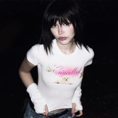 Bxoxo Y2K Gothic vintage Chic Aesthetic Emo Girls Grunge White Croped Tops Punk Harajuku Sexy Slim Geometric Print Baby Short Sleeve