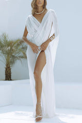 BXOXO - Enjoy Your Vacation Linen Blend Ruched Shoulder Drape Loose Cover Up Maxi Dress
