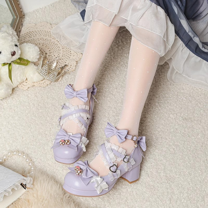 BXOXO Sweet Bowknot Stitching Lace Princess Lolita High Heels 6 Colors