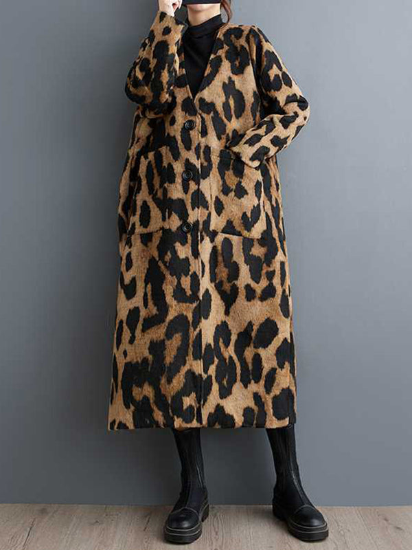 BXOXO Long Sleeves Loose Buttoned Leopard Pockets Split-Joint V-Neck Outerwear Trench Coats