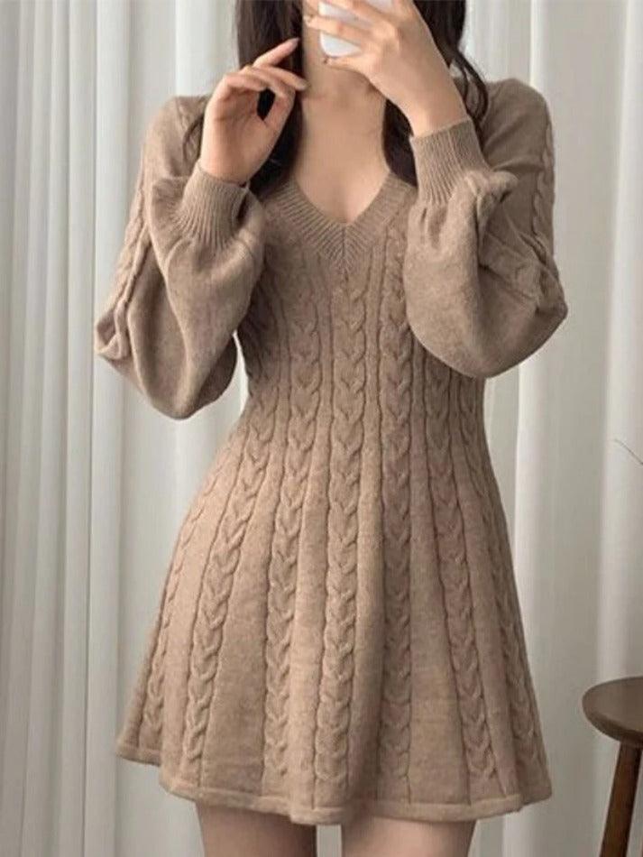 V Neck Long Sleeve Sweater Dress