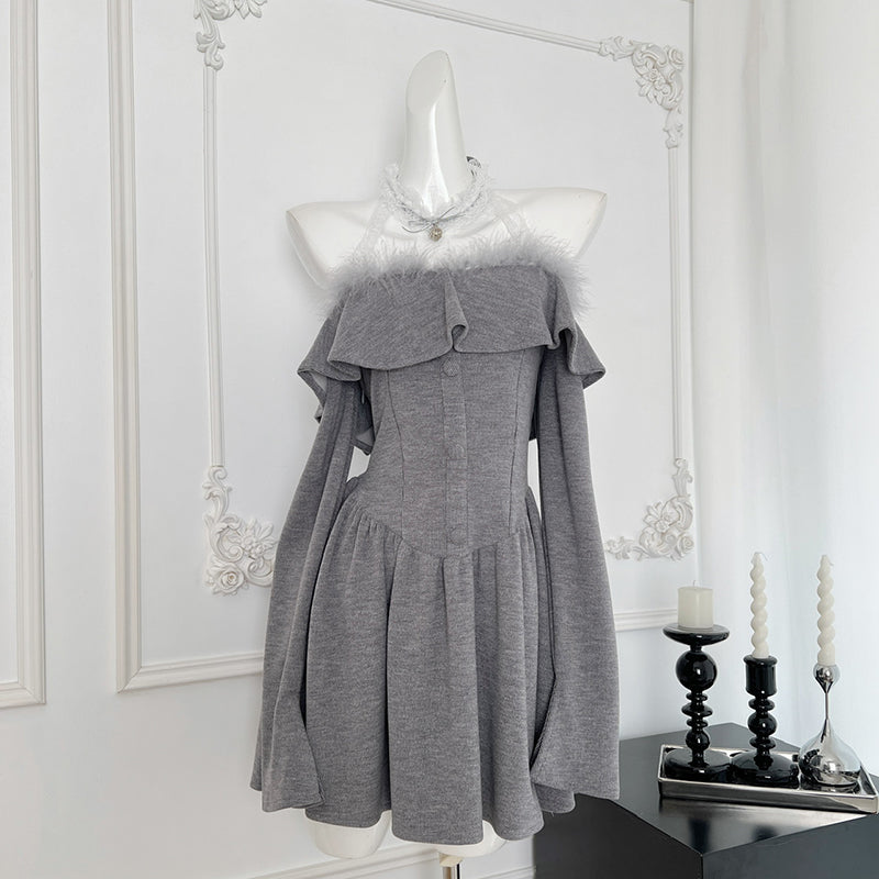 BXOXO - summer inspo Elegant Long Sleeve Dress Solid Color Off-shoulder Slimming Short Skirt Women Fashion Design Wrinkled A-line Dress Autumn New