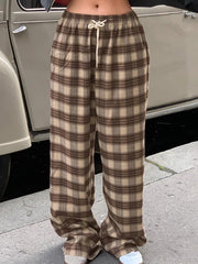 Vintage Plaid Print Drawstring Straight Leg Pants