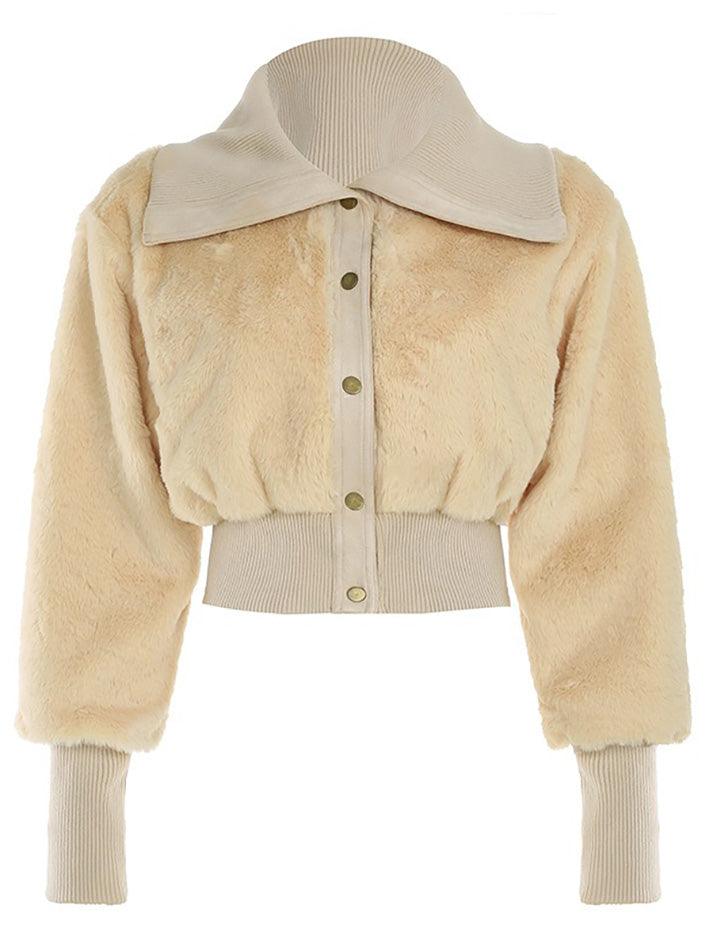 BXOXO - Long Sleeve Plain Furry Button Up Jacket