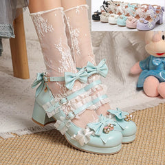 BXOXO Sweet Bowknot Stitching Lace Princess Lolita High Heels 6 Colors