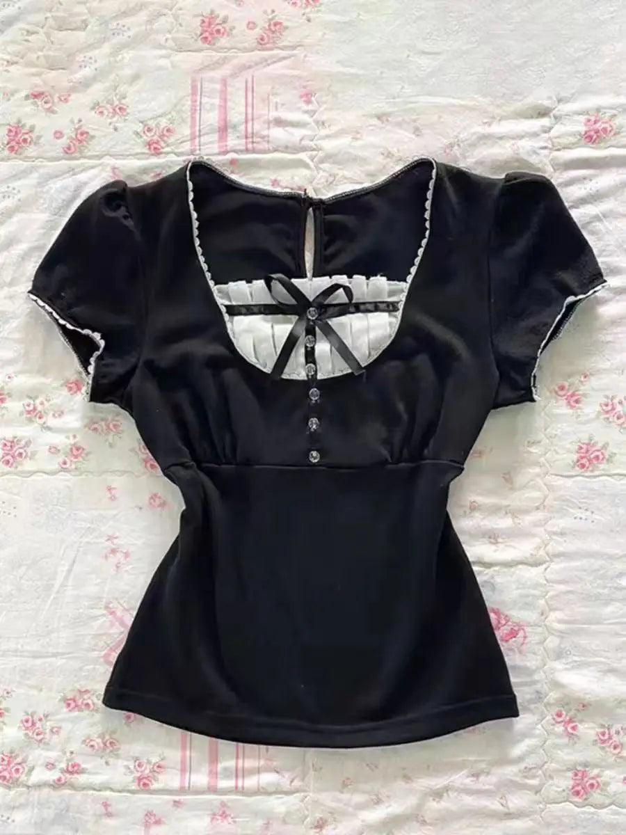 BXOXO Punk Sexy Tops Y2k Vintage Clothes 90s Women Black Gothic Lace Slim Harajuku Bady Tee Crop Top Graphic T shirt Girl Summer Tee