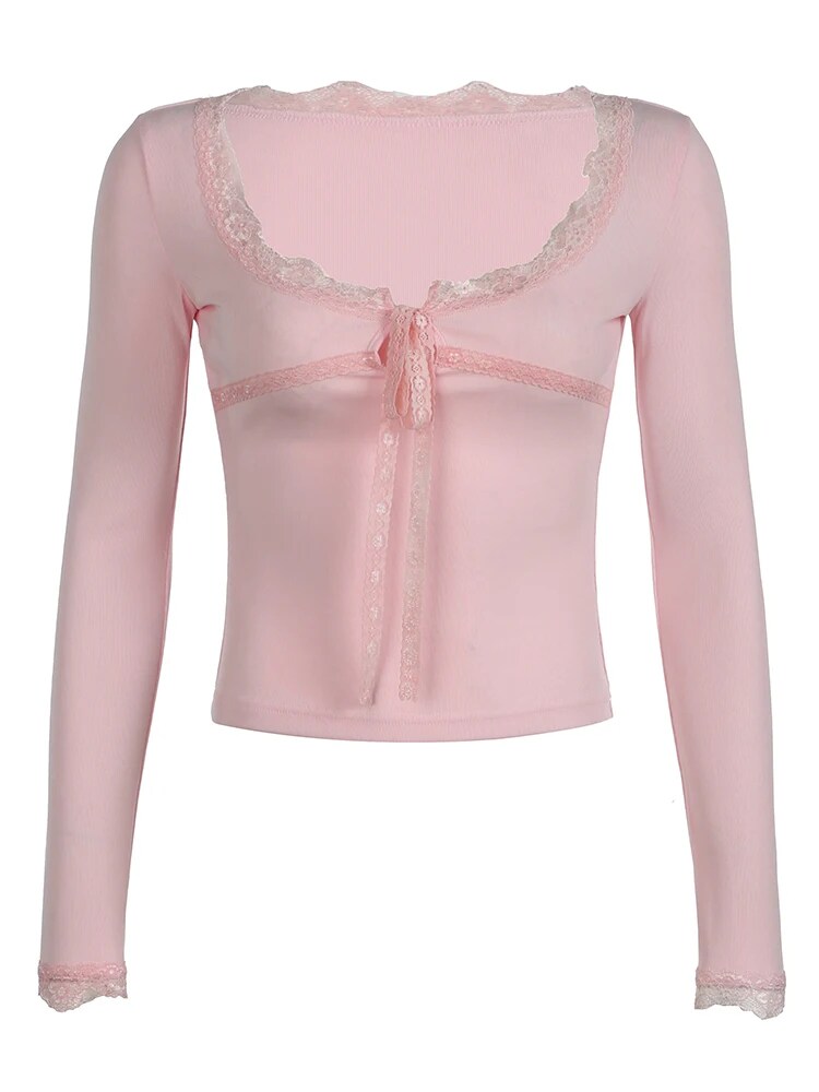 BXOXO - summer inspo Pink Sweet Basic Slim Long Sleeve Tees Top T Shirts Women Cross Tie Lace Patchwork Cute Japanese Kawaii Y2K Clothes