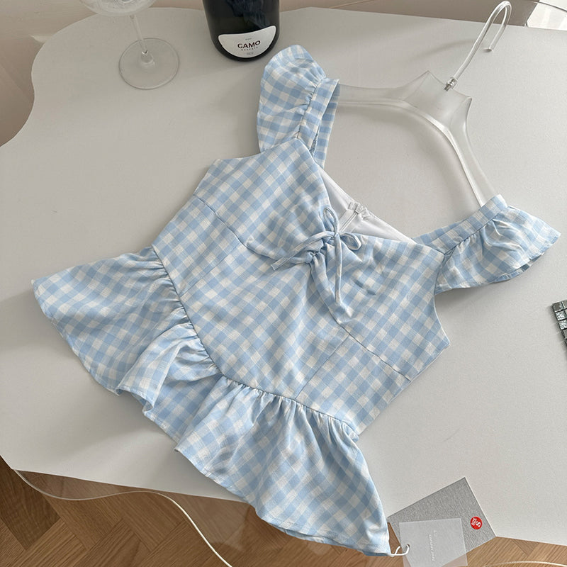 BXOXO - summer inspo French Style Blue Checkered Vacation Style Small Flying Sleeve Dress Summer Chic Design Sleeveless Dress