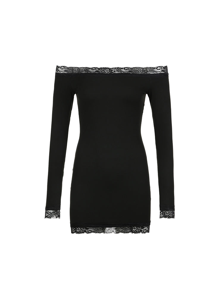BXOXO - summer inspo Solid Slim Lace Trim Off Shoulder Long Sleeve Black Short Dress Women Elegant Sexy Party Dresses