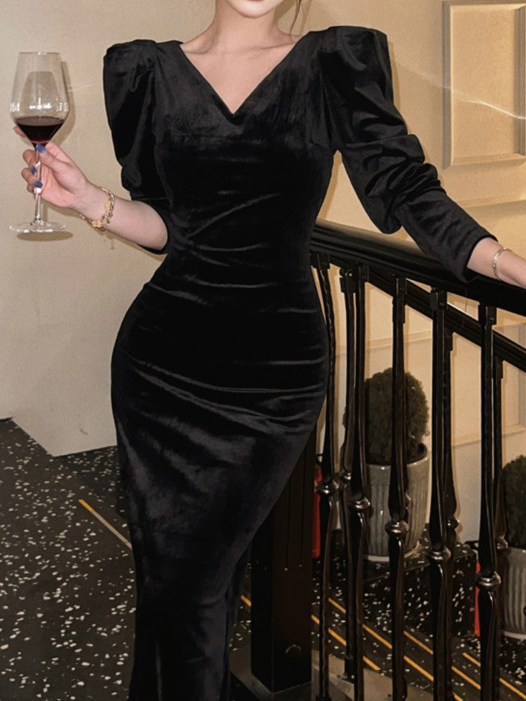 BXOXO party look inspos Vintage Black Velvet Midi Dresses for Women 2025 Autumn New Elegant Evening Party Birthday Slim Long Sleeve Female Clothing Robe