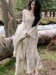 BXOXO party look inspos French Vintage Wedding Party Midi Dresses for Women 2025 Autumn Winter Elegant Slim Flare Sleeve Mermaid Lace Female Clothing