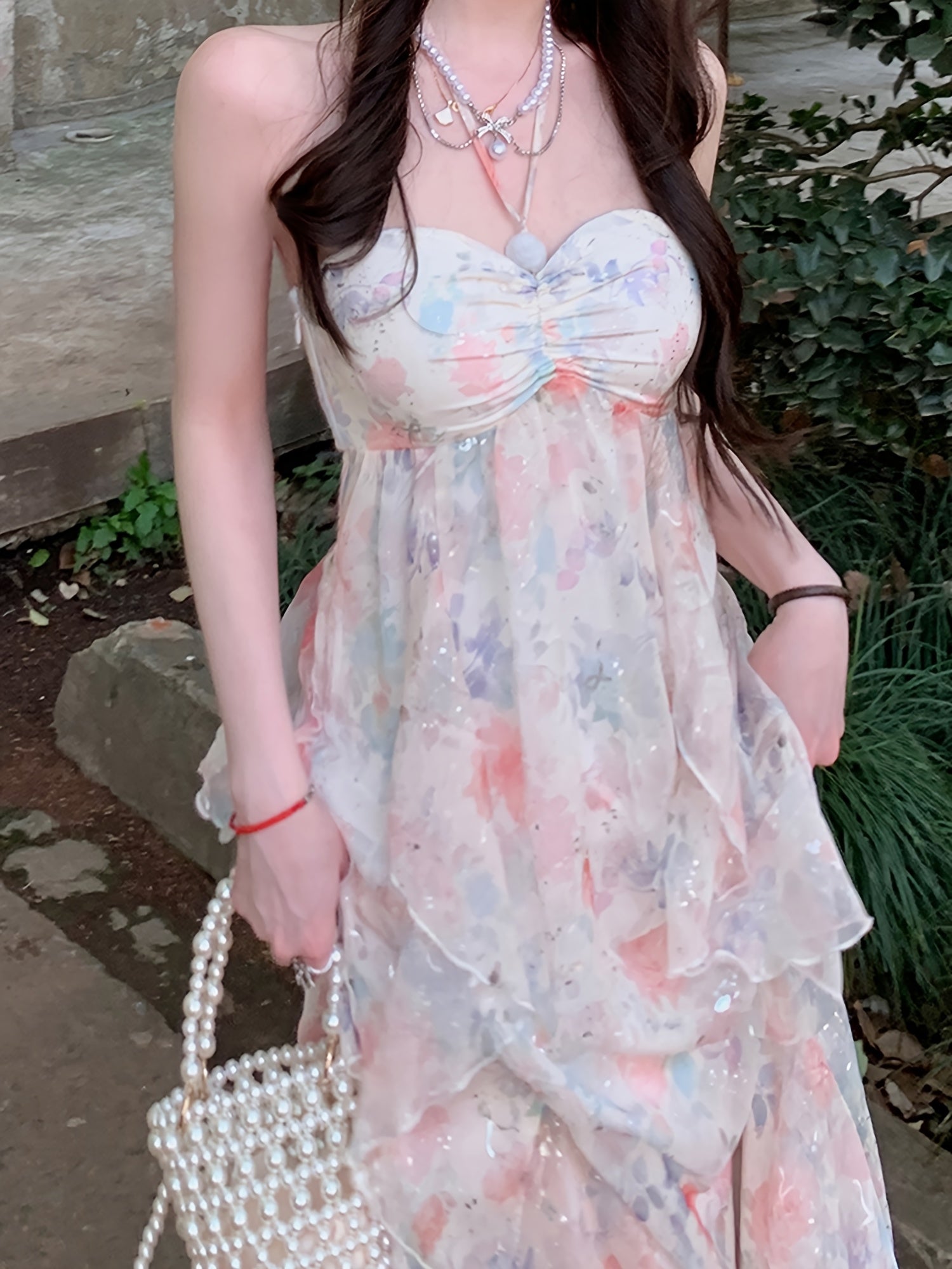 BXOXO Elegant Floral Print Polyester Midi Dress with Sweetheart Neckline and Asymmetrical Hem for Beach Vacations and Garden Parties, Beach Dress