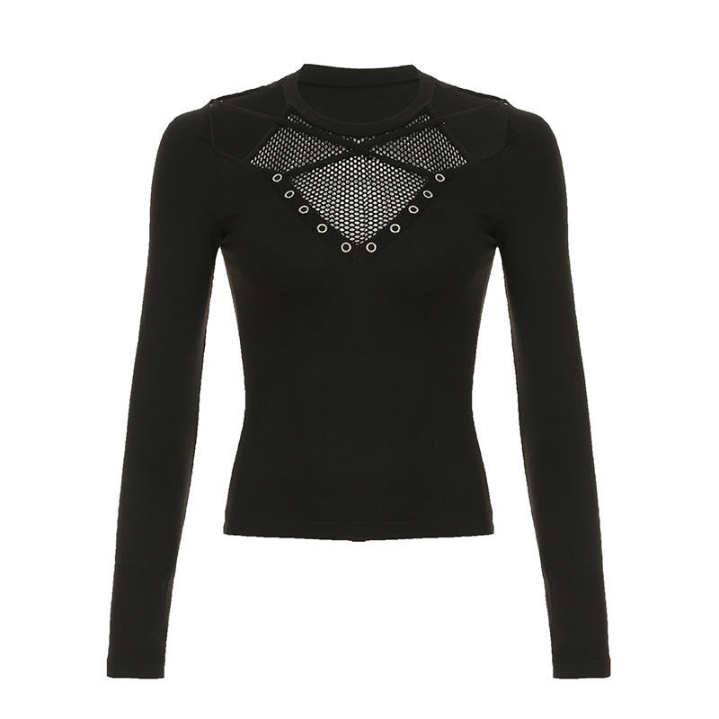 BXOXO - summer inspo Darkly Punk Cothic Women Long Sleeve T-Shirt Patchwork Chic Fabric Cut Out O-Neck Top Tees Slim Sexy Solid Tops