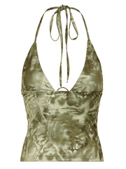 BXOXO - summer inspo Retro Forest Green Tie Dye Print Summer Boho Camisole Seeveless Backless Tie Halter V Neck Sexy Crop Top Women Vacation Shirts